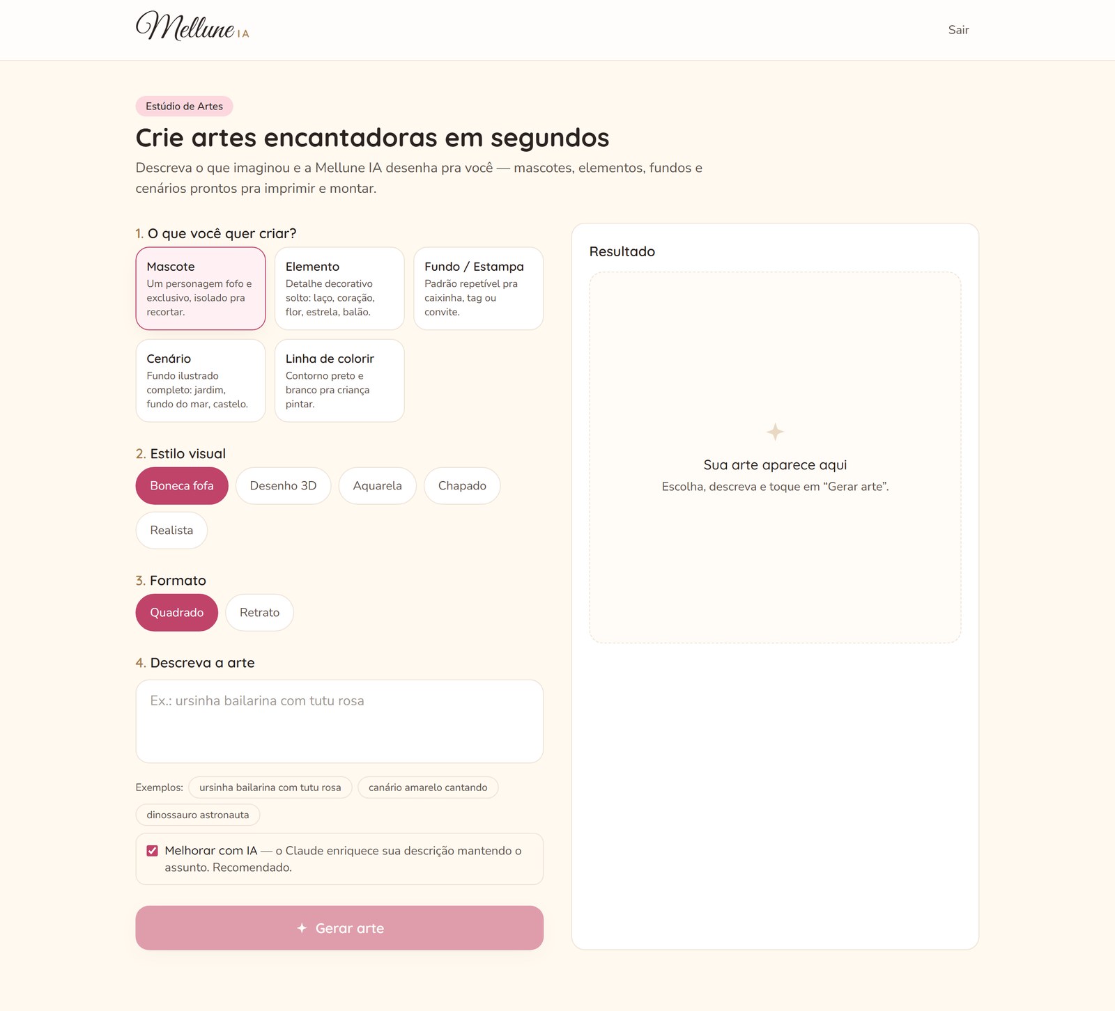 Prévia do Estúdio de Artes da Mellune IA: escolha o tipo de arte, o estilo e o formato, descreva o que imaginou e a IA cria a arte em segundos, pronta pra imprimir.